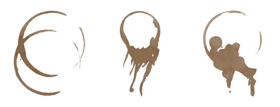 Three coffee stain marks with various shapes and sizes on transparent background