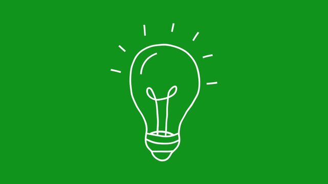 White hand drawn light bulb icon with small rays and subtle wiggle animation on green screen background, perfect for chroma key editing, idea concepts, and creative video overlays. 4k