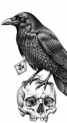 Fototapeta premium Detailed black and white illustration depicts a dark bird perched upon a human cranium displaying a warning symbol