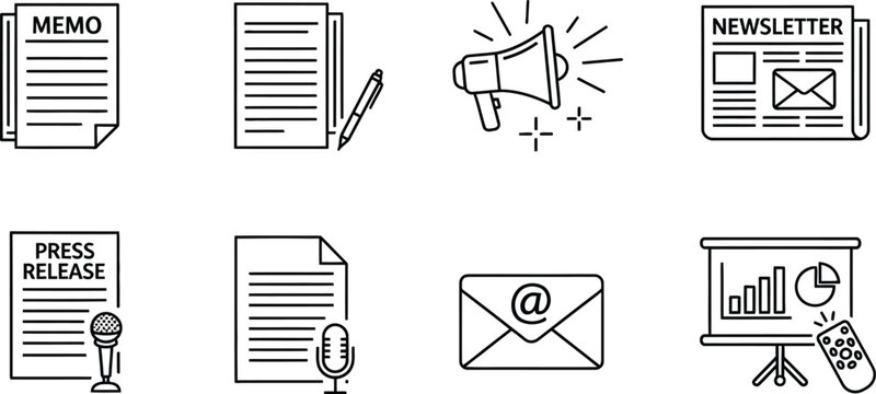 Collection of business and communication icons including menu newsletter and email symbols
