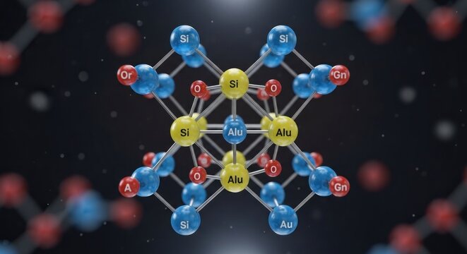 A 3D model of a silicon dioxide molecule with silicon atoms at the center and oxygen atoms surrounding it, set against a dark background with a few scattered atoms in the foreground.