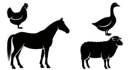 Fototapeta premium Farm Animals Silhouettes Collection: Chicken, Horse, Goose, and Sheep Icons