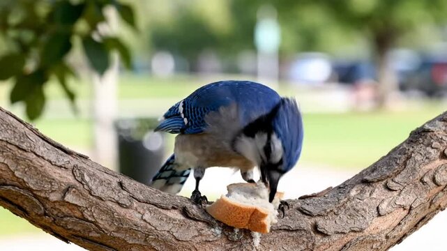 Curious blue jay perched on tree branch eats a piece of bread on a sunny day in the park