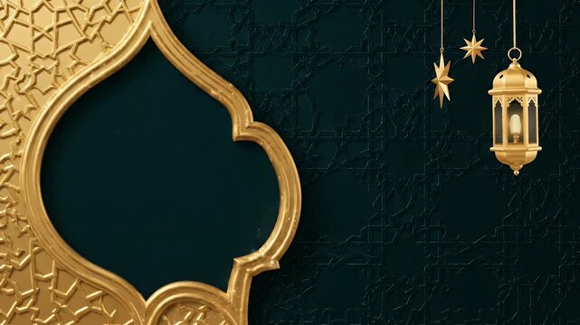 Elegant Islamic geometric pattern with golden lantern and stars, festive background.