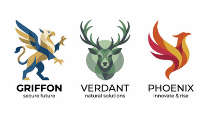 This fantasy logo collection features a griffin, deer, and phoenix, symbolizing security, nature, and innovation, perfect for brands with a magical and mythical identity.