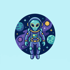 An adorable illustration of a green alien in an astronaut suit floating in space, surrounded by planets and stars, evoking a sense of wonder and exploration.