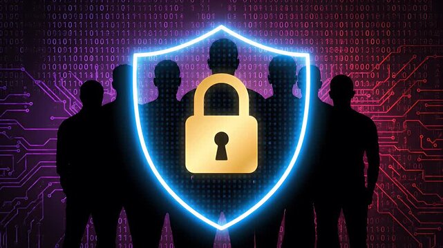 Digital security shield protecting a group of people against cyber threats in a dark, futuristic environment.