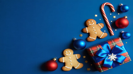 Naklejka premium Festive Christmas flat lay with gingerbread men, candy cane, ornaments, and gift