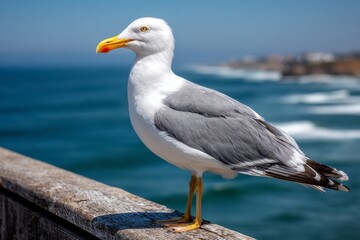Fototapeta premium Seagull stands alert on weathered railing
