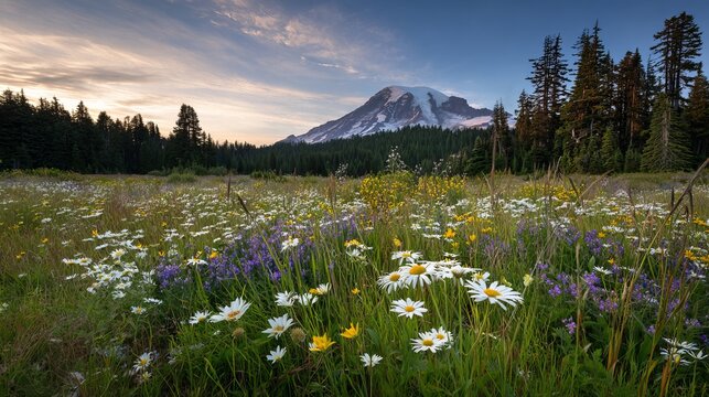 Mount rainier mountain snow peak meadow wildflowers sunrise landscape nature alpine flowers sky sunlight scenic wilderness spring vibrant tranquil natural beauty panorama