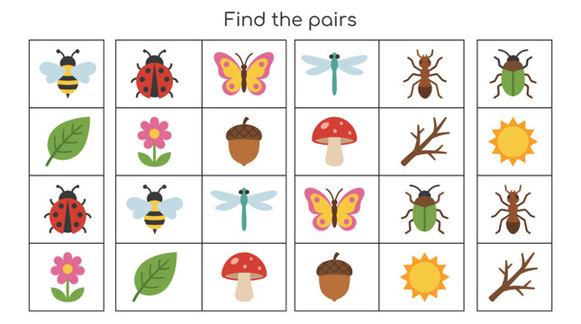 Colorful memory game layout with insects and nature elements  