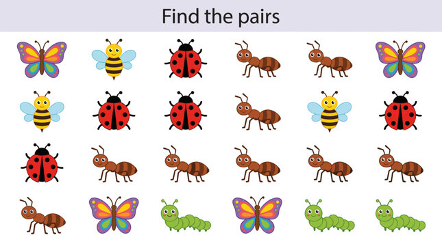 Colorful educational game with insects for kids' memory training  