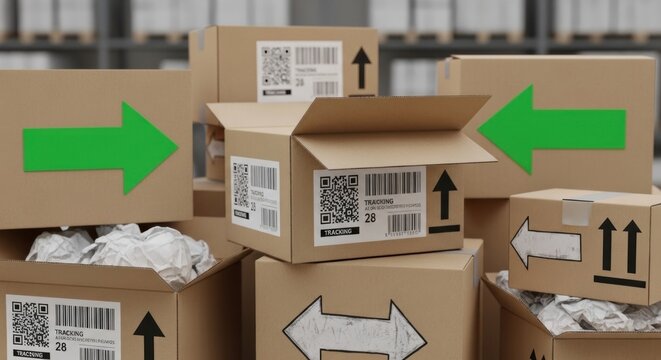 A stack of cardboard boxes with green and white arrows on them, placed on a shelf in a warehouse setting.
