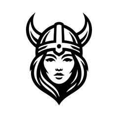 Logo valkiria nórdica. Icono con chica nórdica con casco bárbaro con cuernos © teracreonte