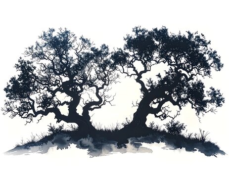 A silhouette of two intertwined trees in inky blacks and blues, suggesting a connected landscape on white