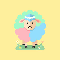Naklejka premium Colorful Cartoon Sheep with Floral Crown.