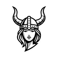 Logo valkiria nórdica. Icono con chica nórdica con casco bárbaro con cuernos © teracreonte
