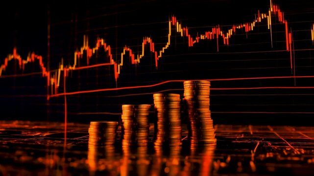 Stacks of golden coins in foreground with glowing orange financial line graph displayed on dark background