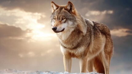 Obraz premium Wolf stands atop snowy hill at sunrise