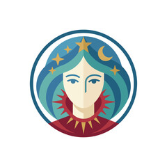 Obraz premium A mystical portrait features a woman surrounded by stars and a moon, representing fantasy and introspection. It combines symbolism and artistic elements for a captivating visual.