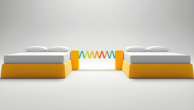 Two modern beds with yellow sponge-like bases and white mattresses, connected by a colorful wave pattern in an airy space