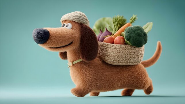 Cheerful 3D stylized dachshund character walking with a woven basket of fresh vegetables on its back, returning from market. Minimalist grocery shopping concept on teal background.