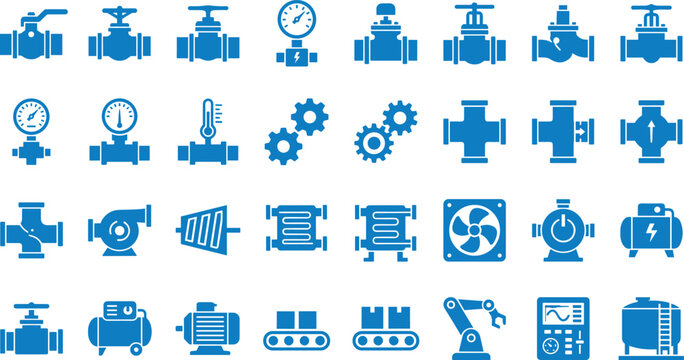 Collection of various industrial and mechanical icons in blue color