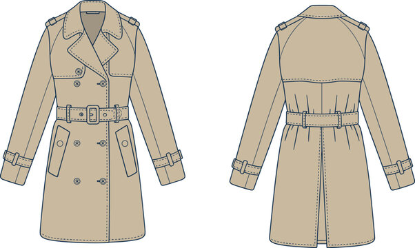 Front and back view of a tan double-breasted trench coat with belt and epaulets, detailed stitching on a white background Keywords: trench coat, tan coat, double-breasted, belted coat, epaulets