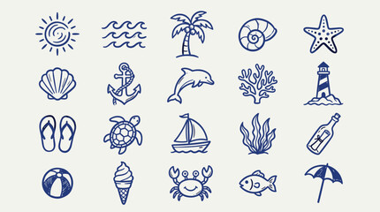 A collection of various beach and sea icons in blue lines © Safa