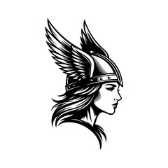 Logo valkiria nórdica. Icono con chica nórdica con casco bárbaro con alas de ave © teracreonte