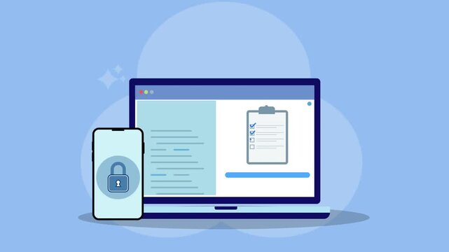 Flat vector animation of laptop displaying checklist document with smartphone lock icon representing secure task management, digital documentation, and protected business workflow.