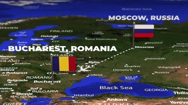 Flight From Moscow RUSSIA to Bucharest ROMANIA with flag pins