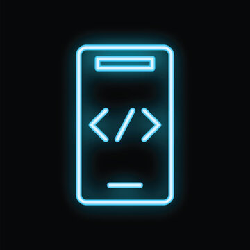 Blue neon icon of a smartphone displaying programming code on its screen, isolated on a black background