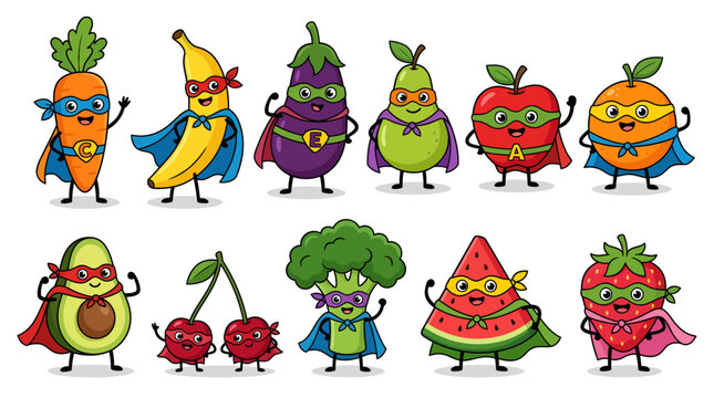 Colorful cartoon fruits and vegetables designed as superhero characters with capes and masks. Cute healthy food mascots perfect for kids education, stickers, posters, and healthy lifestyle campaigns.