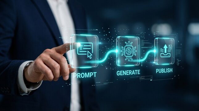 Businessman interacting with futuristic AI interface to generate content