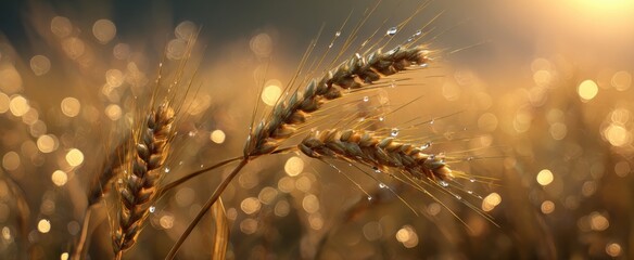 Naklejka premium Morning sunlight illuminates golden wheat with glistening dew and soft bokeh for a serene background.