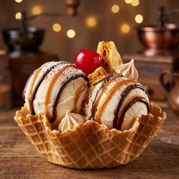 Close-up of Indulgent Vanilla Ice Cream in Waffle Bowl with Drizzled Caramel, Chocolate Sauce, Cherry, Honeycomb, and Meringues