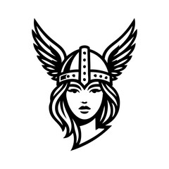 Logo valkiria nórdica. Icono con chica nórdica con casco bárbaro con alas de ave © teracreonte
