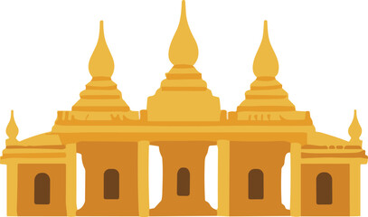 Golden architectural illustration of a multi-tiered stupa structure with arched entrances on a white background
