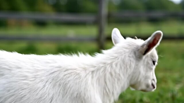 Adorable white baby goat bleating and turning in a grassy field on a sunny day with fence background