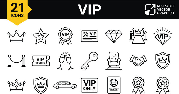 Collection of 21 vip icons in black and white line art on for luxury and exclusive concepts