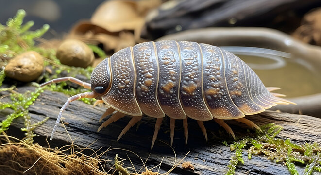 Close up of a pill bug on a mossy log in a natural setting