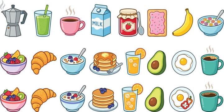 Colorful breakfast food and drink icons including coffee, pancakes, and fruit