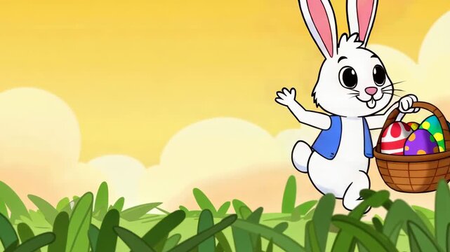 Animated easter bunny carrying basket full of colorful eggs on yellow background in cartoon style suitable for kids animation