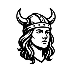 Logo valkiria nórdica. Icono con chica nórdica con casco bárbaro con cuernos  © teracreonte