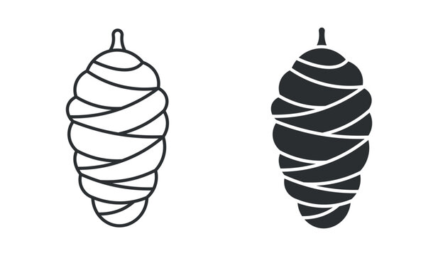 Silkworm cocoon insect pupa stage icon set, in outline and solid silhouette style. Vector illustration.