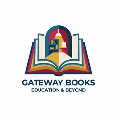 Fototapeta premium This logo represents Gateway Books, emphasizing education and learning with a vibrant illustration of an open book and a learning environment in the background.