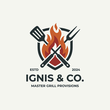 A bold logo design featuring grilling utensils crossed over flames, representing a master grill provisions brand that emphasizes expertise and passion in barbecue cooking.