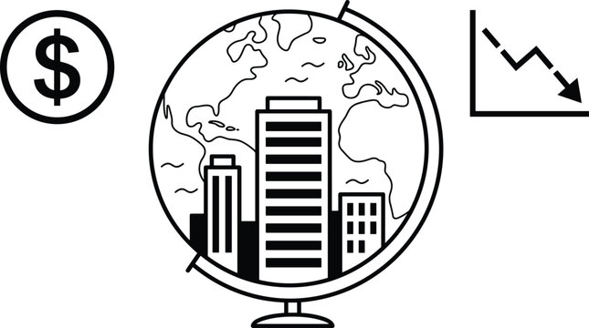 Black and white illustration of a globe with city buildings and a dollar sign on a with a graph showing a decline