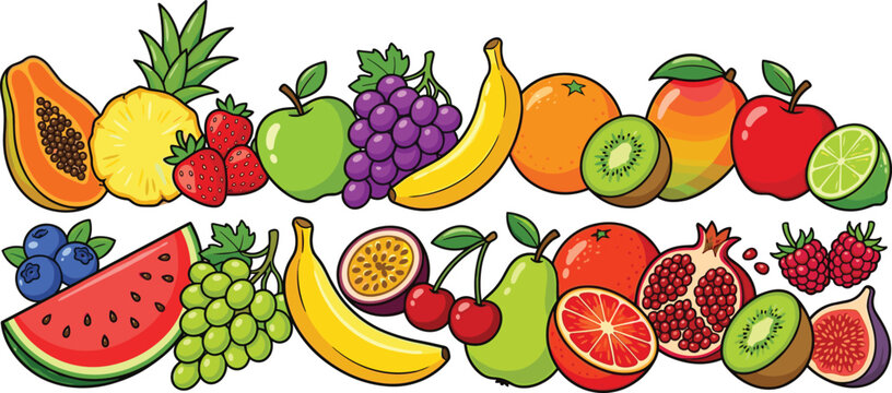 Colorful illustration of various fruits for healthy eating and nutrition concepts